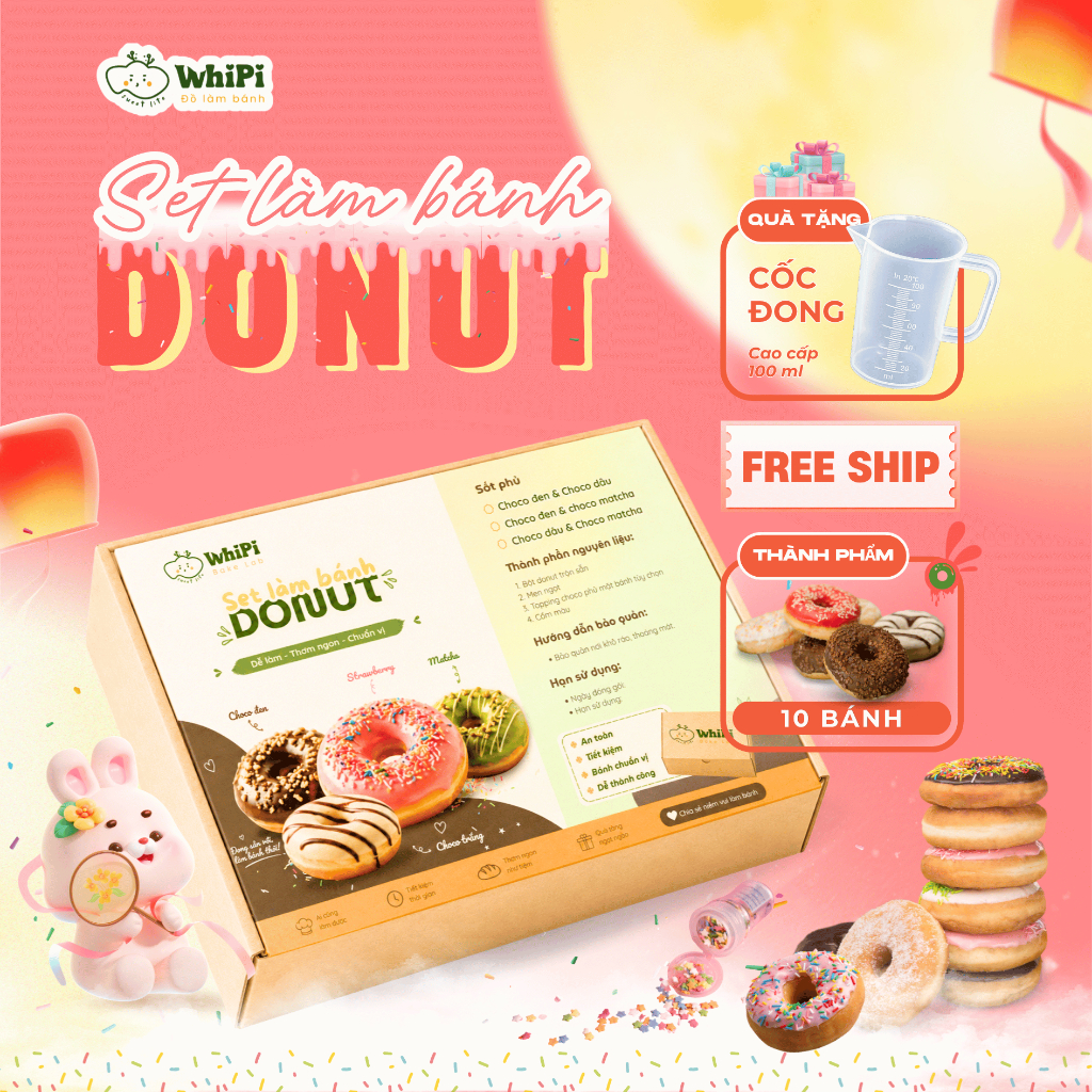Set làm bánh Donut phủ Socola [WhiPi] – Nguyên liệu bột trộn sẵn, Thành phẩm 10-12 bánh - Handmade