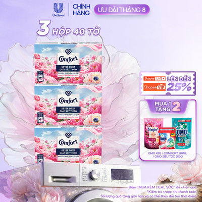 Combo 3 Hộp Giấy Thơm Comfort Hương Mẫu Đơn Và Hoa Hồng Ohara 40 tờ/hộp, Dành Cho Máy Sấy Quần Áo, Tủ Quần Áo