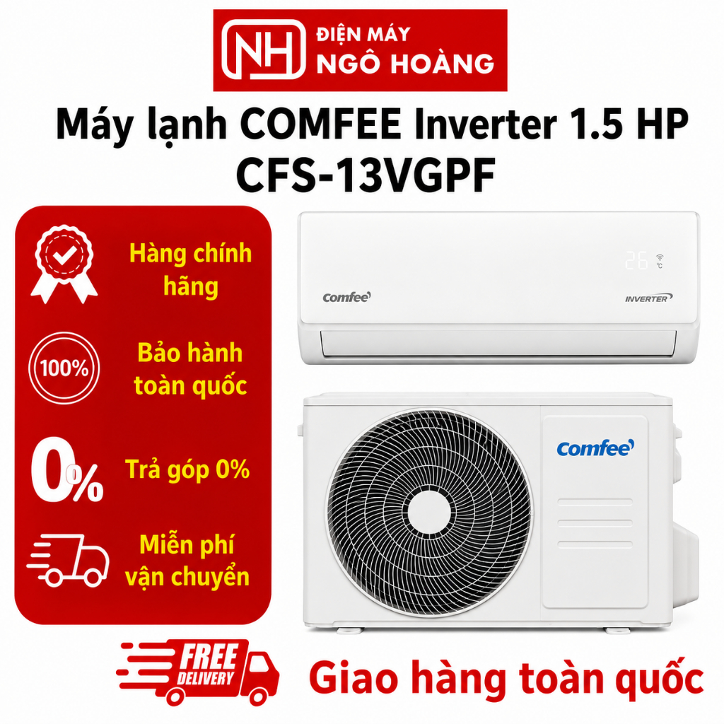 CFS-13VGPF - Máy lạnh Comfee Inverter 1.5 HP CFS-13VGPF  tiết kiệm điện, làm lạnh nhanh, điều hòa 1 