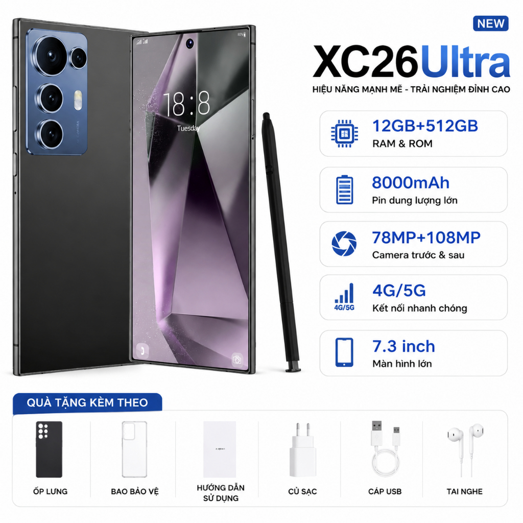 Điện thoại thông minh XC26 Ultra 12GB+512GB Màn hình 7.3 inch Pin 8000mAh, Bút cảm ứng tặng kèm, gia