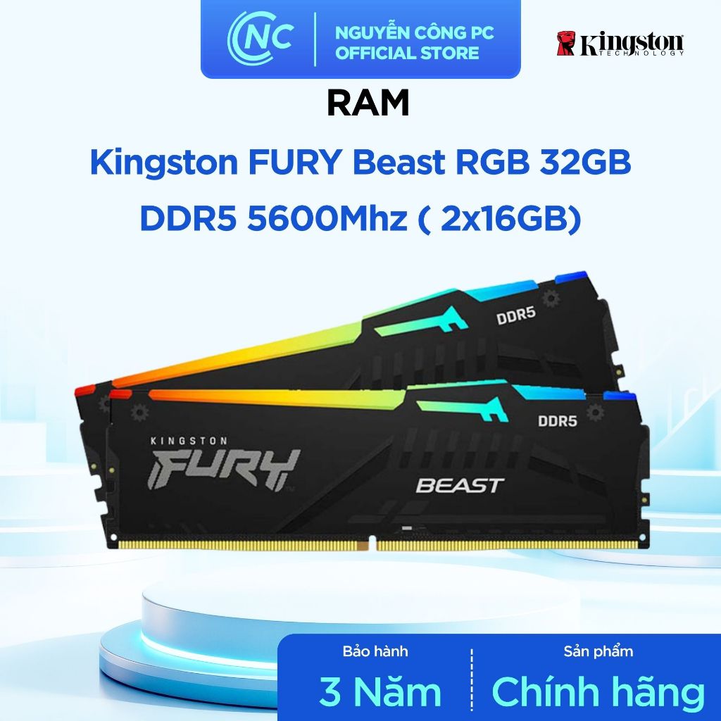 RAM Kingston Fury Beast RGB 32GB DDR5 5600MHz - 2x16GB - BH 36 tháng