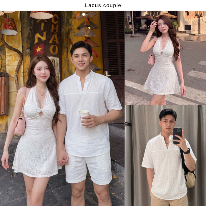 [Bobby Set ngắn] Set đồ đôi couple nam nữ Váy nữ body trắng ren hoa dáng ngắn Áo sơ mi nam đũi đi chơi LACUS COUPLE