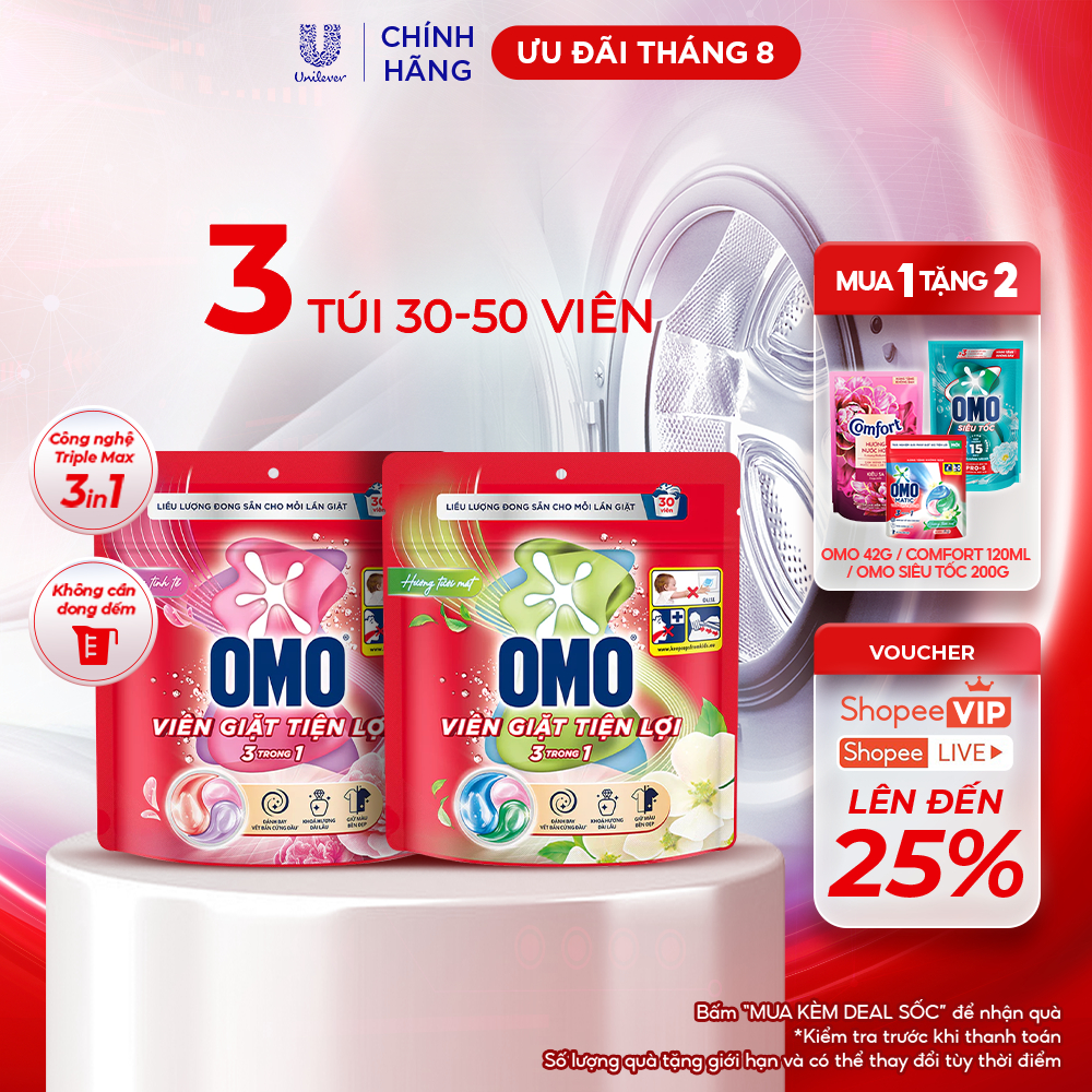 Combo 3 túi viên giặt tiện lợi OMO 3 trong 1 (30 viên/50 viên)