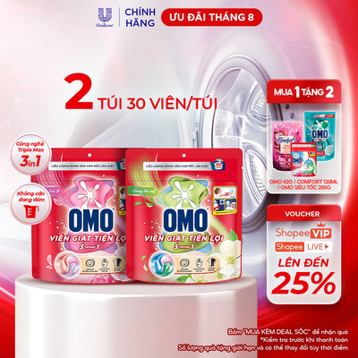 Combo 2 túi viên giặt tiện lợi OMO 3 trong 1 (30 viên)