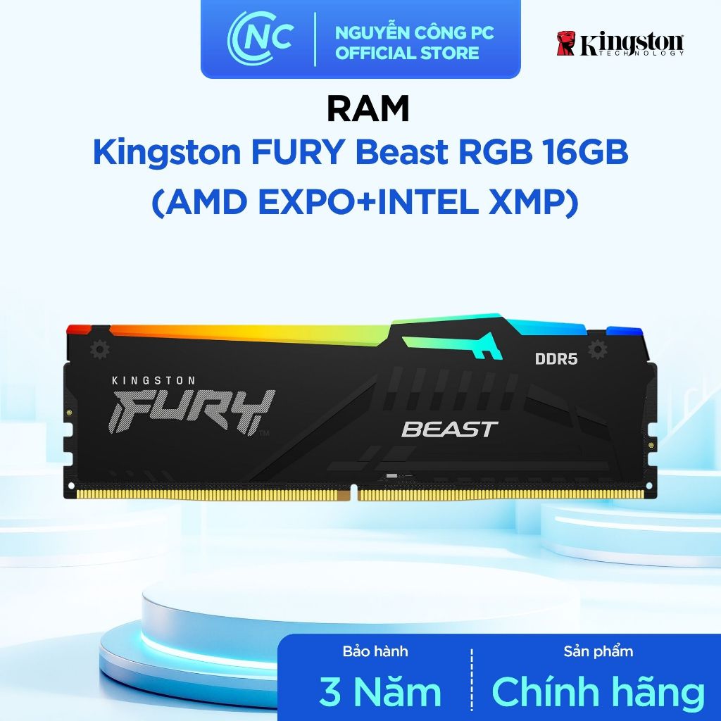 RAM Kingston Fury Beast RGB 16GB DDR5 6000MHz - 1x16GB, AMD EXPO/Intel XMP - BH 36 tháng