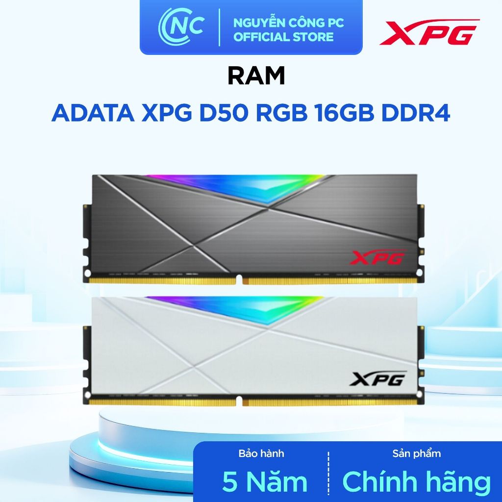 RAM ADATA XPG D50 RGB 16GB DDR4 3200MHz - 1x16GB, White/Grey - BH 60 tháng