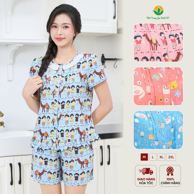 Bộ lanh nữ mặc nhà Việt Thắng, quần đùi áo cộc tay phối bèo in họa tiết - B03.6032