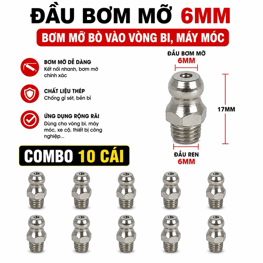Đầu Bơm Mỡ 6mm Thẳng M6 - Đầu Tra Mỡ Máy Móc, Xe Cơ Giới (Combo 10 Cái)