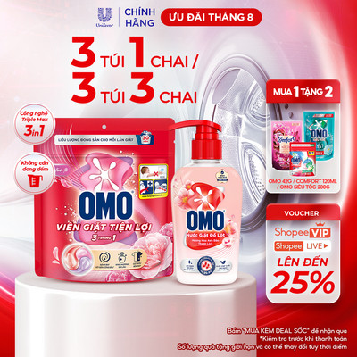 Combo 3 túi viên giặt tiện lợi OMO 3 trong 1 (30 viên/túi) và Combo 3 Chai nước giặt đồ lót OMO Hương Anh Đào 300g