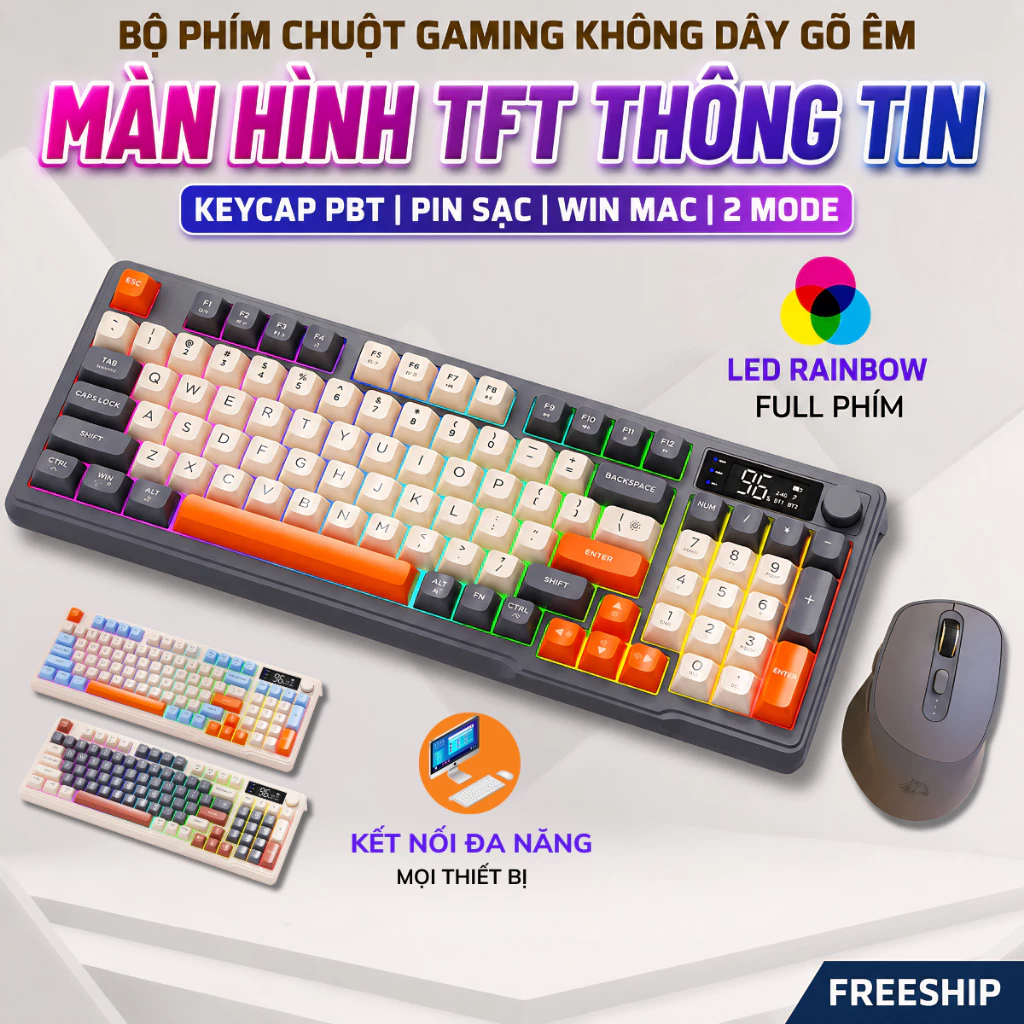 [Top Value] Bộ Bàn Phím Không Dây Bluetooth FreeWolf M96 LED 7 Màu Có Màn Hình, 2 Mode, Phím PBT Cao