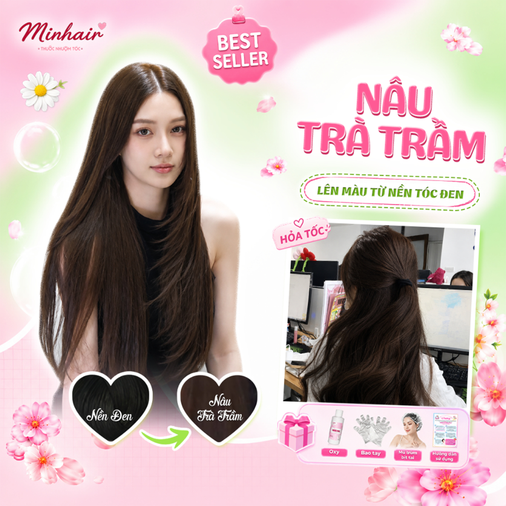 Thuốc Nhuộm Tóc Màu NÂU TRÀ TRẦM, Không Tẩy - Minhair tặng kèm bao tay.....