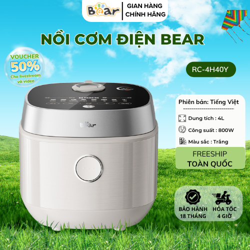 Nồi Cơm Điện Bear 1.5L  RC-4H40Y  Công Suất 800W Lớp Phủ Ceramic Pro 9H Cao Cấp Hàng Chính Hãng