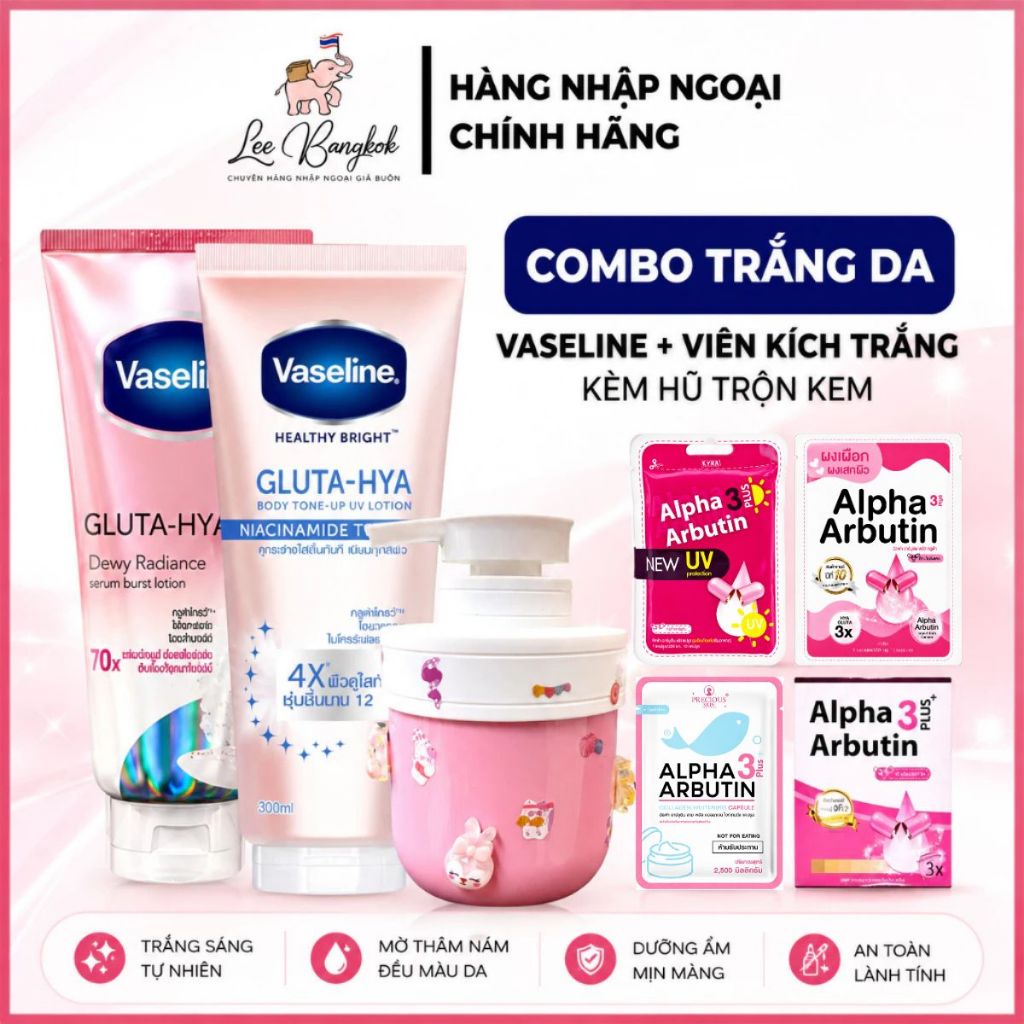 [Made in Thailand] Combo Mix Trắng Da Vaseline 4X Hoặc 70X Hồng + Viên Bột Kích Trắng + Hũ Trộn Kem 