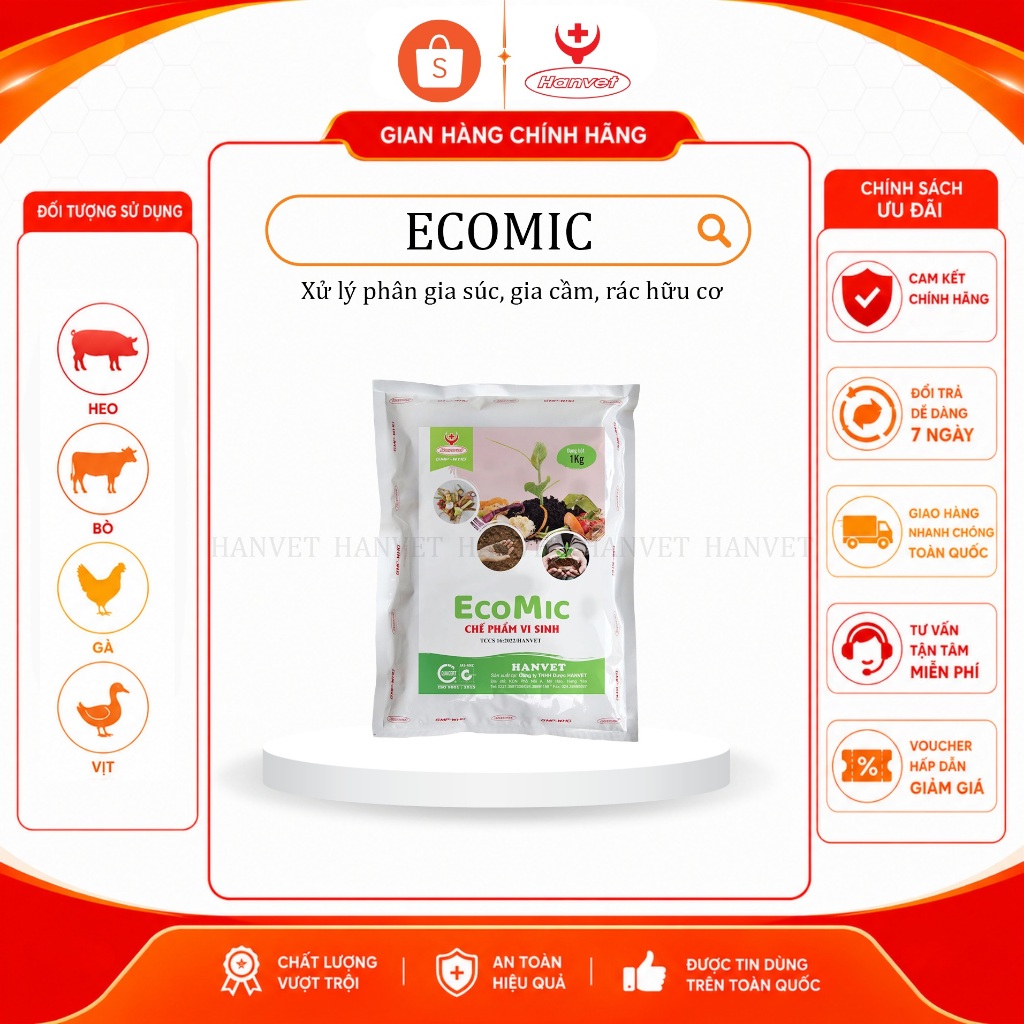 EcoMic gói bột 1 kg dùng xử lý phân gia súc gia cầm, rác hữu cơ