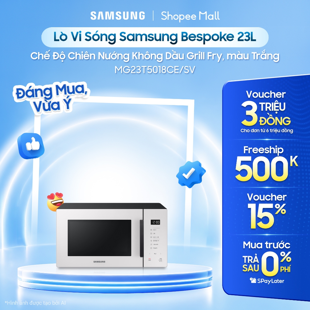 Lò Vi Sóng Samsung Bespoke 23L MG23T5018CE/SV - Chế Độ Chiên Nướng Không Dầu Grill Fry, màu Trắng