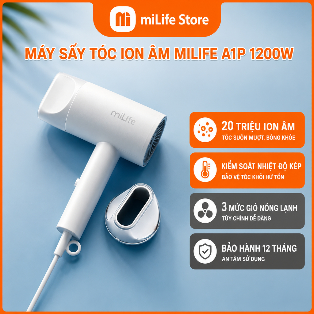 Máy sấy tóc mini miLife A1P cho sinh viên, 1200w cùng 20 triệu ion âm