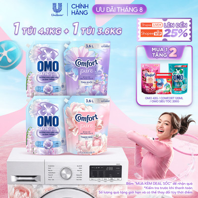 Combo Nước Xả Comfort Hoa Trắng Thanh Nhã Túi 3.6L và Nước giặt OMO Matic Hoa Linh Lan Túi 4.1KG