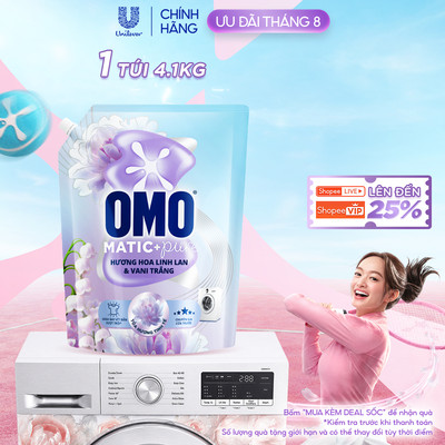 Nước giặt OMO Matic Pure Cửa Trước Hương Linh Lan & Vani Trắng 4.1KG (túi)