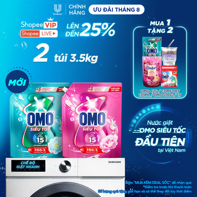 [MỚI] Combo 2 Nước giặt Omo Siêu Tốc đầu tiên tại Việt Nam được thiết kế dành riêng cho chu trình giặt nhanh | Túi 3.5KG