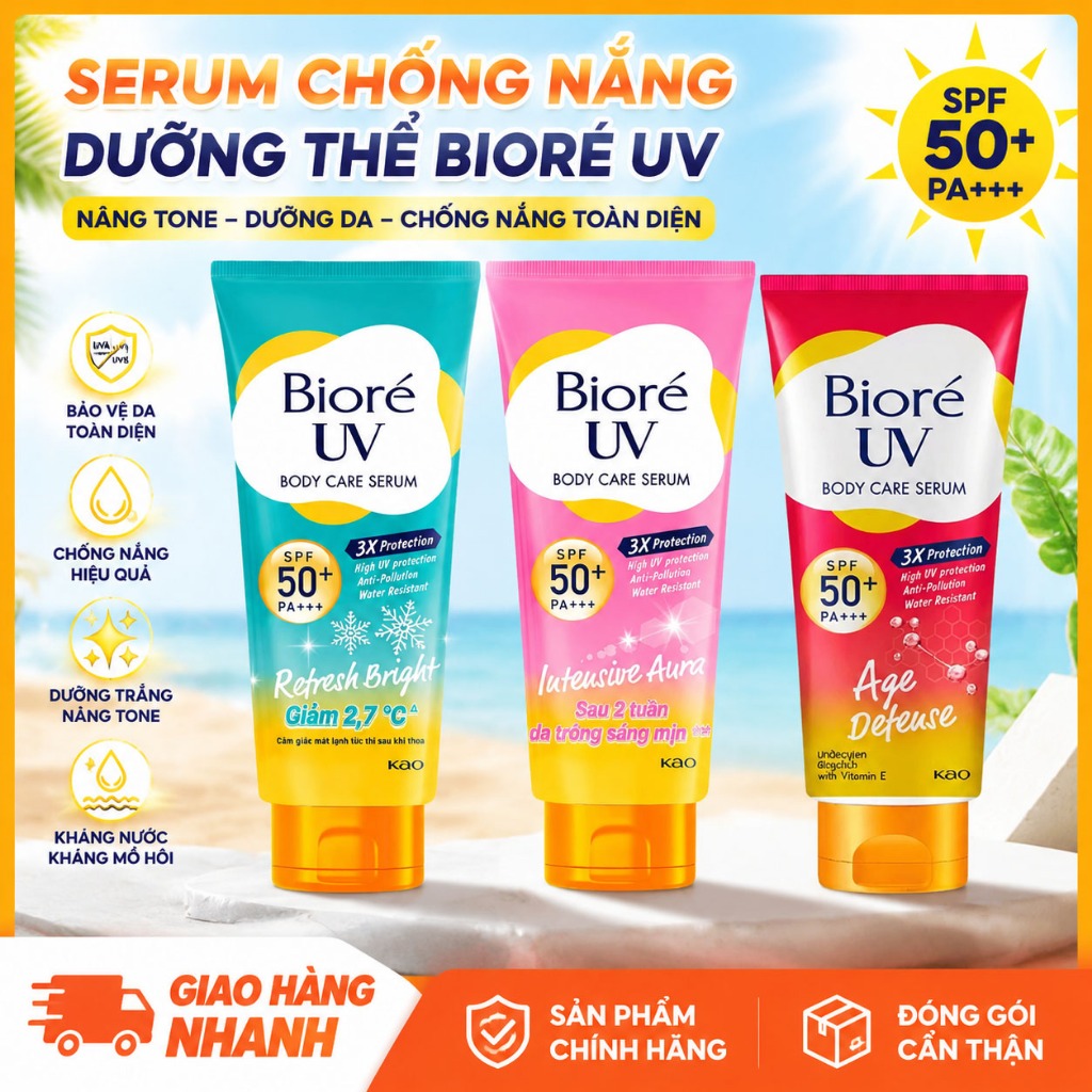 Biore UV Kem chống nắng body SPF50+ PA+++, chống nước, chống mồ hôi, nâng tone, dưỡng da