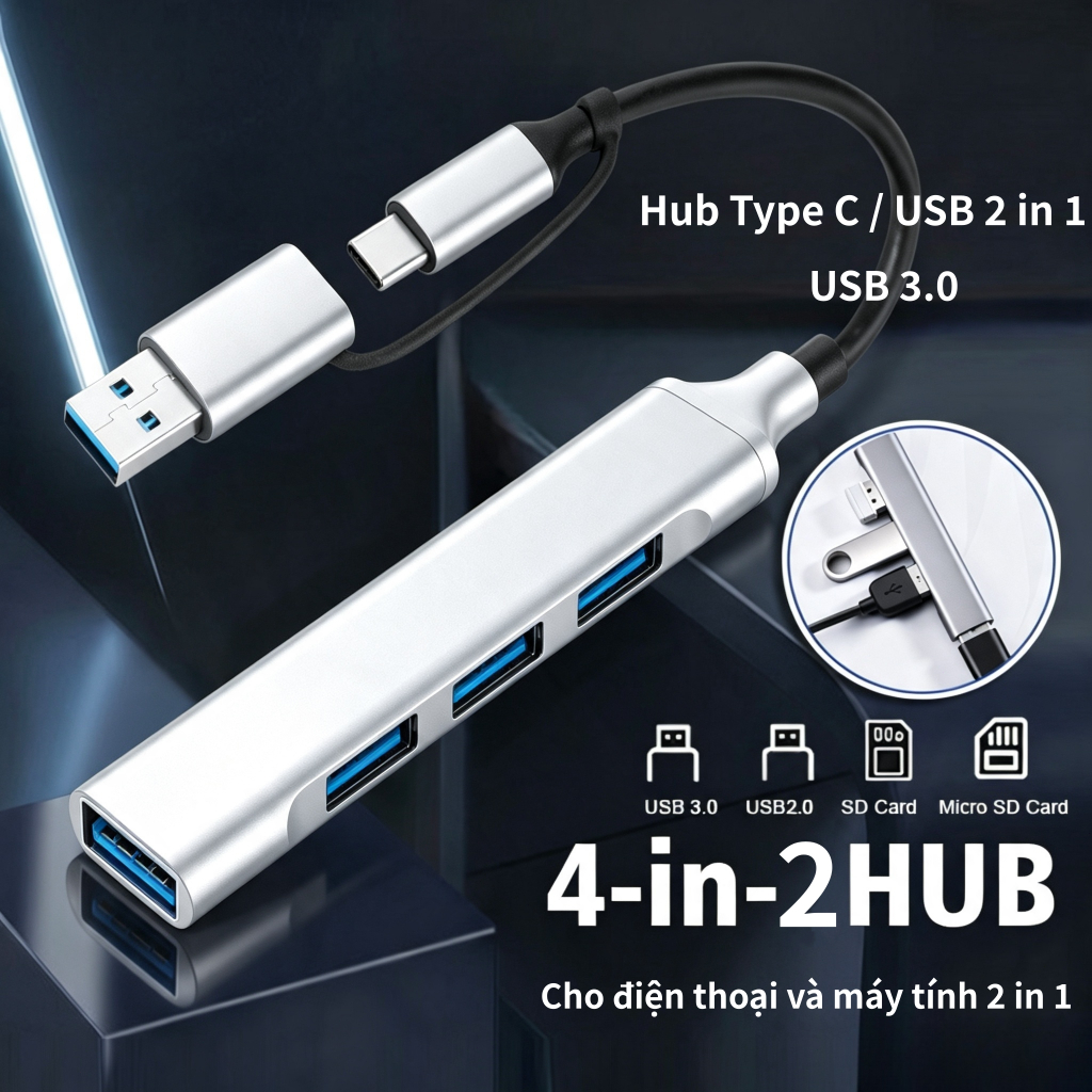 Hub Type C USB,Hub Chia 4 Cổng USB 3.0 Tốc Độ Cao OTG Docking Station Bộ Chia Adapter Phụ Kiện