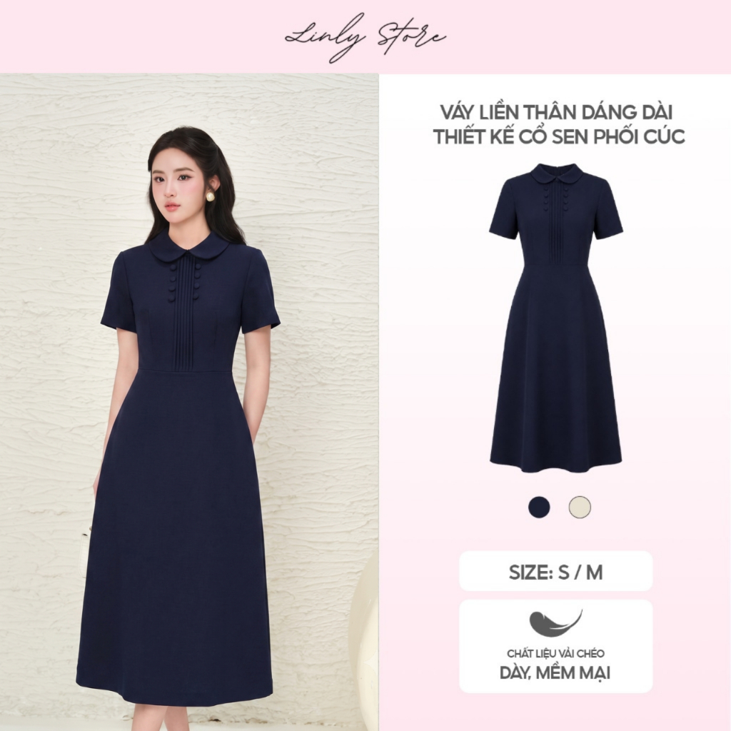 Váy liền thân dáng dài thiết kế cổ sen phối cúc, đầm kiểu nữ xếp ly ngực tiểu thư Linly Store V-VD11
