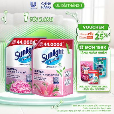 Nước Lau Sàn Sunlight Tinh Dầu Thảo Mộc Sạch Bóng | Túi 3,6 KG | Hoa Hạ - Bạc Hà | Lily - Bạch Trà | Hoa Lavender
