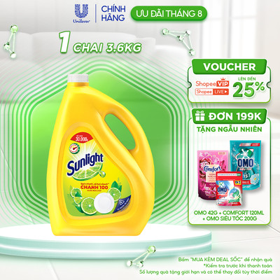 Nước Rửa Chén Bát Sunlight Chanh 100 Sạch Nhanh Xả Bọt Nhanh Rửa Sạch Dầu Mỡ 3.6kg