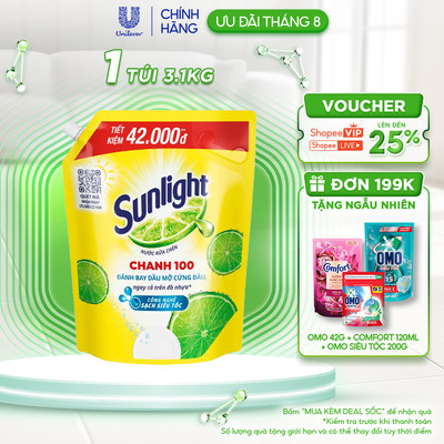 Nước Rửa Chén Bát Sunlight Chanh 100 | Sạch Dầu Mỡ Đồ Nhựa | Túi 3.5KG/3.1Kg
