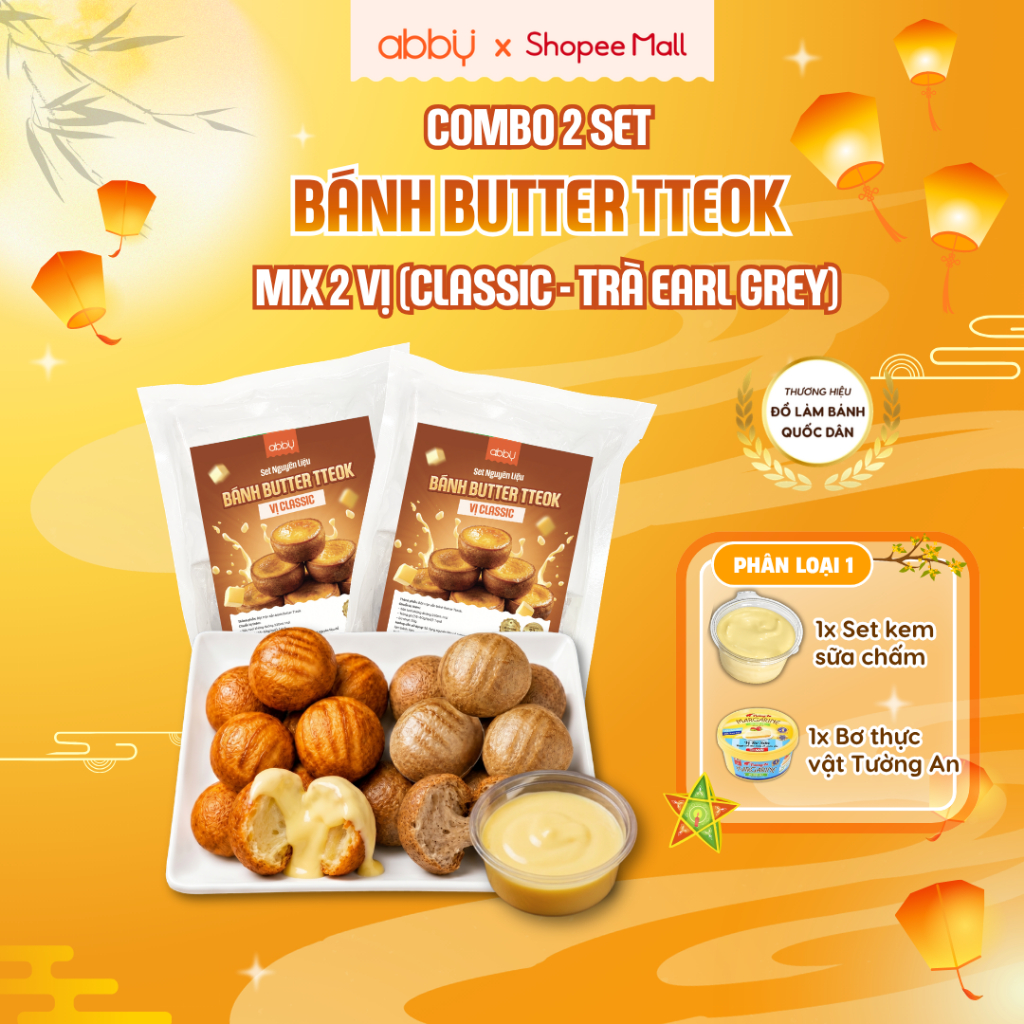 [ABBY] Set Butter Tteok mix 2 vị classic, trà Earl Grey chấm kem - Thành phẩm 40 - 50 bánh - Nguyên 