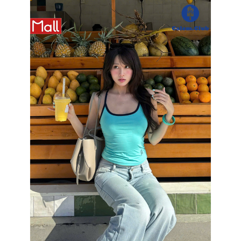 Calem.Club - Áo 2 dây nữ Kem Tan Tan phối viền, dây mảnh form ôm vải cotton co giãn thêu que kem basic phù hợp mùa hè | BigBuy360 - bigbuy360.vn