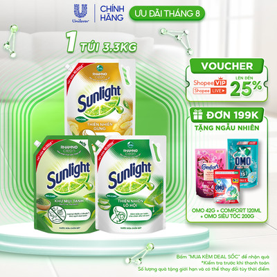 Nước rửa chén Sunlight Bio-care với thành phần từ 100% tự nhiên Túi 3.3kg