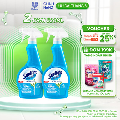 Combo 2 Nước lau kính Sunlight Siêu nhanh | Phiên bản nâng cấp từ Cif | Sạch trong suốt, không tỳ vết | Chai 520ml