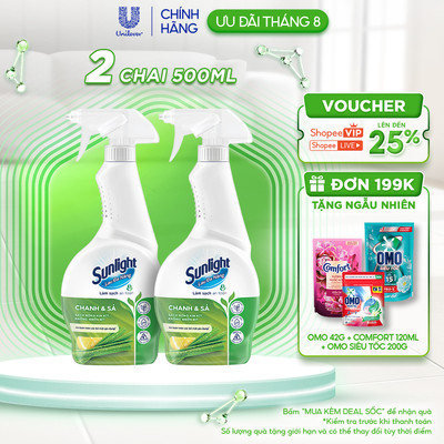 Combo 2 Nước lau đa năng Sunlight Chanh & Sả | Phiên bản nâng cấp từ Cif | Sạch bóng kin kít, không nhờn rít| Chai 500ml