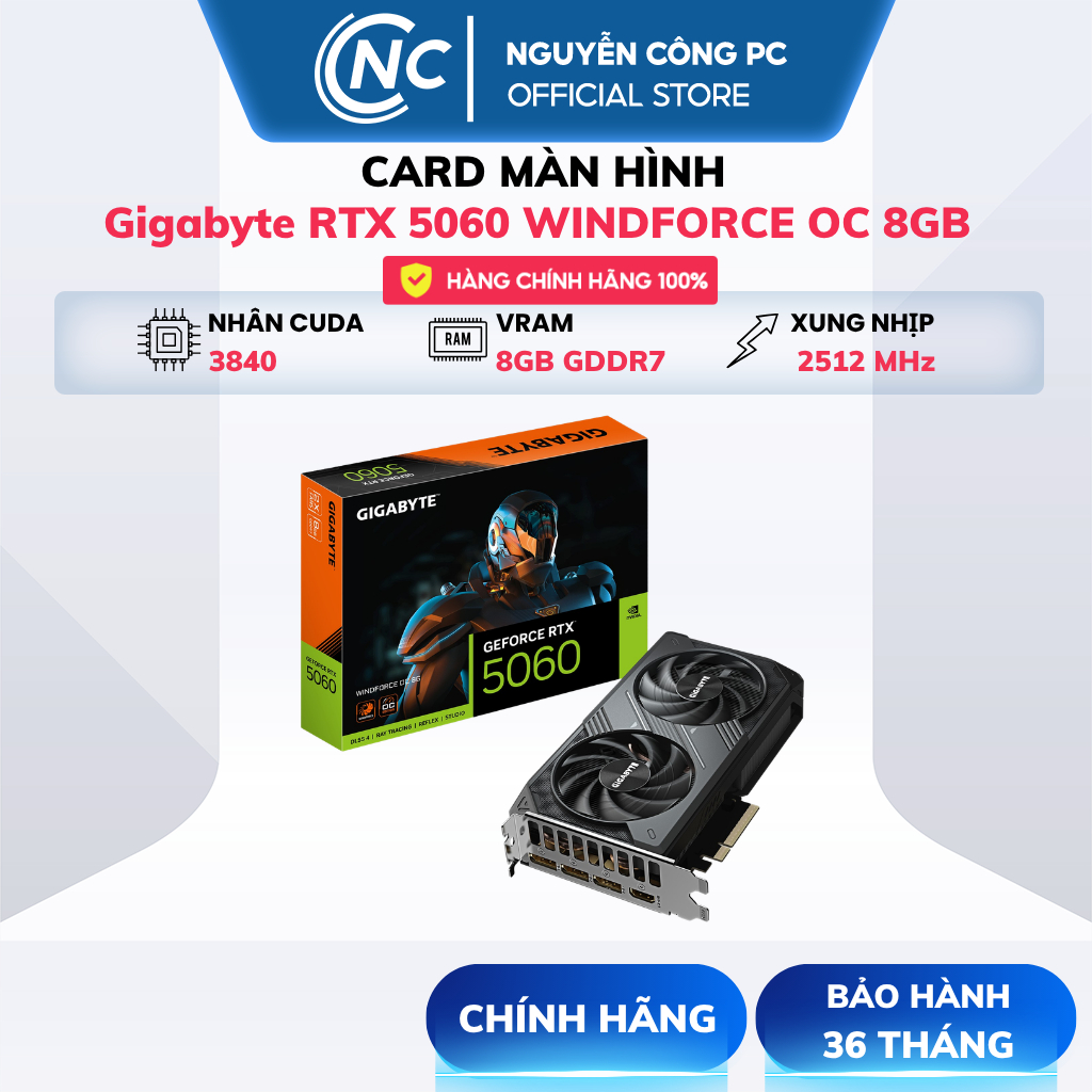 Card màn hình Gigabyte RTX 5060 WINDFORCE OC 8GB (N5060WF2OC-8GD) - NEW - BH 36 Tháng