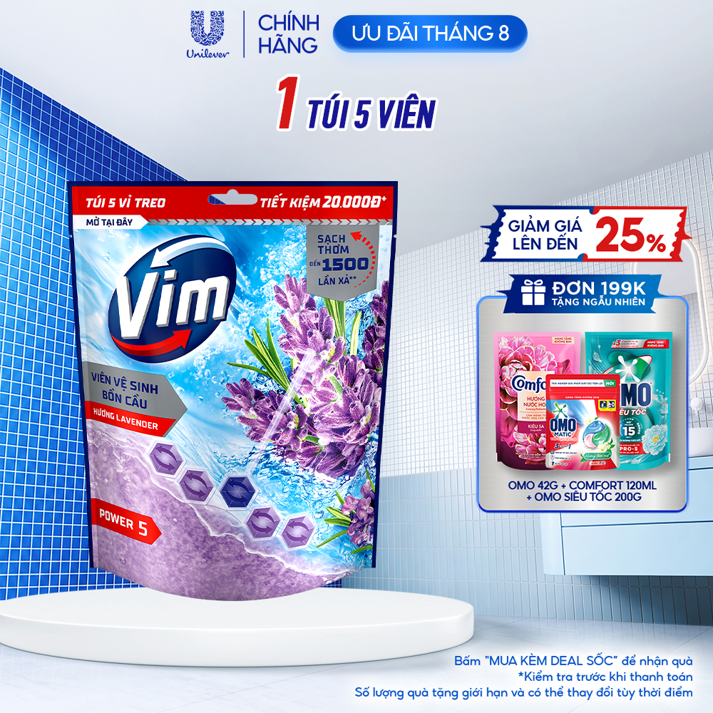 Túi 5 Viên Treo Vệ Sinh Bồn Cầu Vim Power 5 | Sạch Thơm Đến 300 Lần Xả (50g/viên)