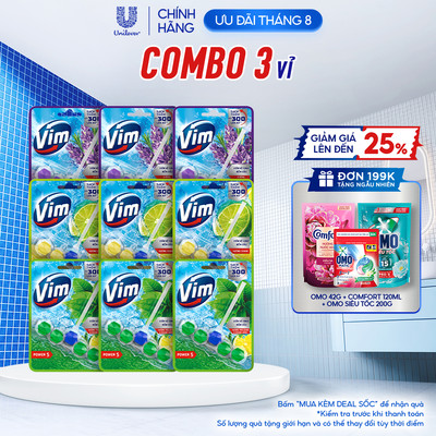Combo 3 Viên Treo Vệ Sinh Bồn Cầu Vim Power 5 | Sạch Thơm Đến 300 Lần Xả (50g-55g/viên)