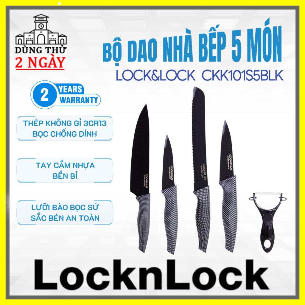 Bộ dao nhà bếp 5 món LocknLock CKK101S5BLK, thép ko gỉ chất lượng cao bọc chống dính