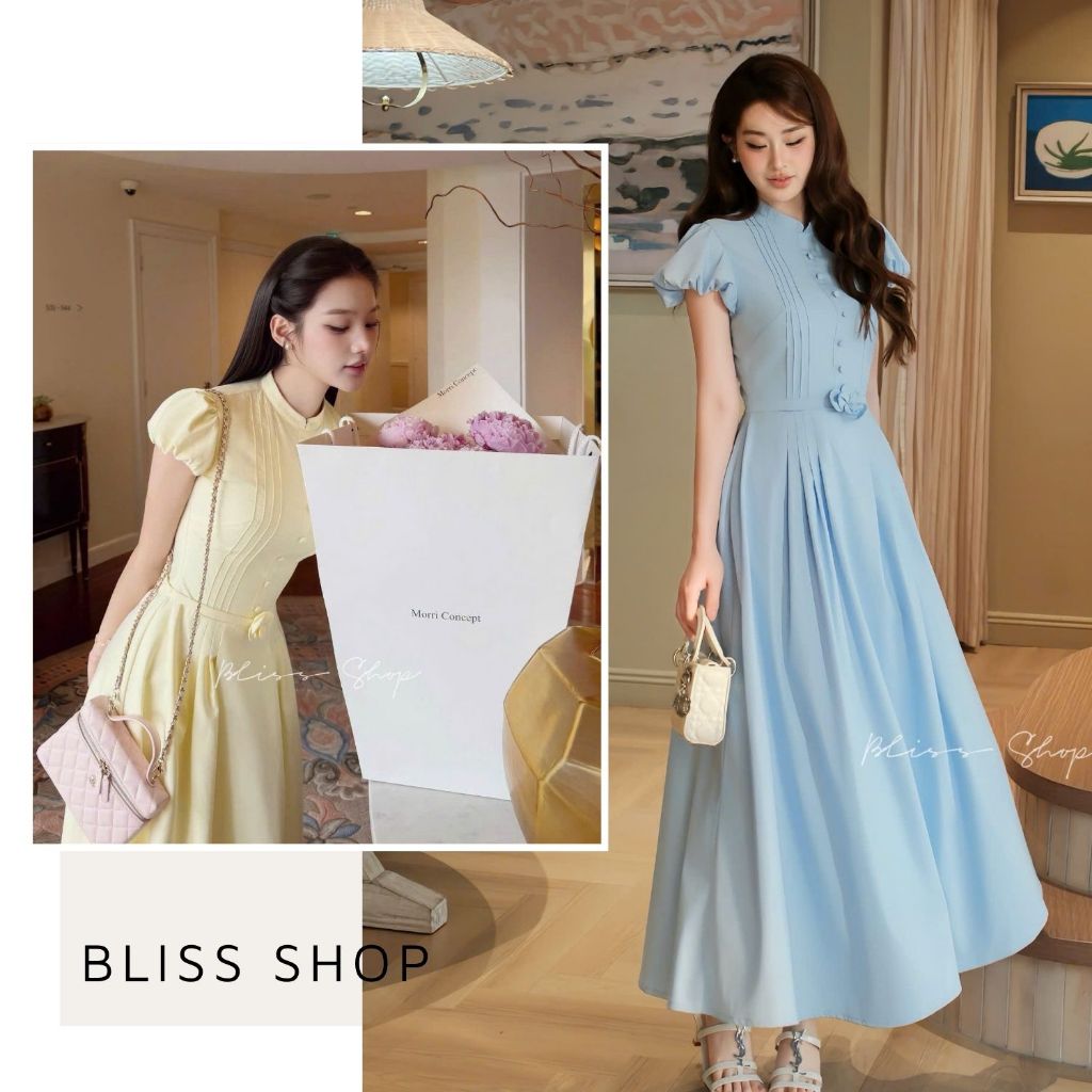 [Thiết Kế Cao Cấp] Đầm Váy Dáng Dài Xòe Tay Bồng Phối Khuy Đính Hoa Nhẹ Nhàng Thanh Lịch Bliss Shop 