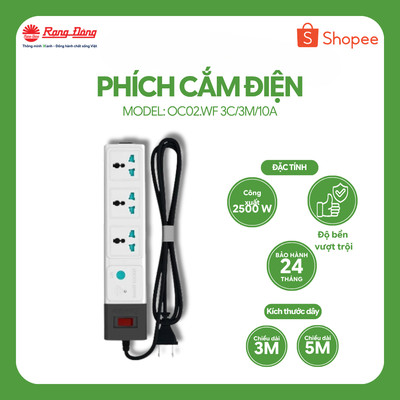 Ổ cắm thông minh wifi 5m Rạng Đông Hẹn giờ qua smartphone An toàn khi sử dụng OC02.WF 3C/5M/10A