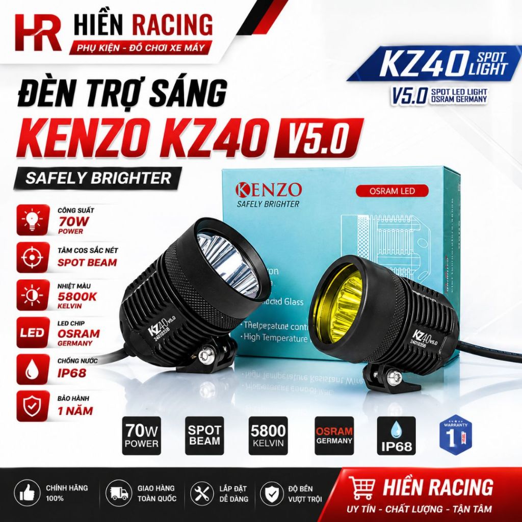 Đèn Trợ Sáng Kenzo KZ40 V5.0 70W Mới Chip Led Osram Germany Đức Tản Nhiệt CNC Chính Hãng - BH 1 Năm