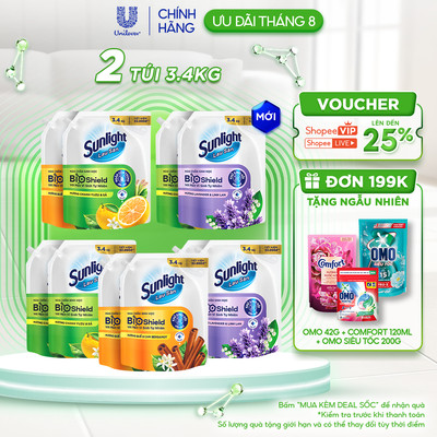 Combo 2 Nước Lau Sàn Sunlight BIOSHIELD Ngăn côn trùng hiệu quả | Túi 3,4KG | Chanh Yuzu & Sả | Quế & Cam Bergamot
