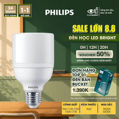 Bóng đèn LED PHILIPS Bright E27 bảo vệ mắt, ánh sáng vàng, ánh sáng trắng (01 bóng)