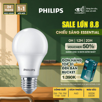 Bóng đèn LED PHILIPS tiết kiệm điện Essential E27 5W 7W 9W 11W 13W (vàng, trắng) (01 bóng) - Đèn Philips
