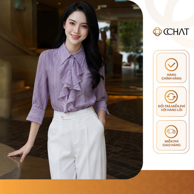 Áo Sơ Mi Nữ 𝐂𝐂𝐇𝐀𝐓 Dáng Suông Marila Phối Bèo Họa Tiết Kẻ Sọc Chất Liệu Tơ Mềm Mát 16FDV2165ST
