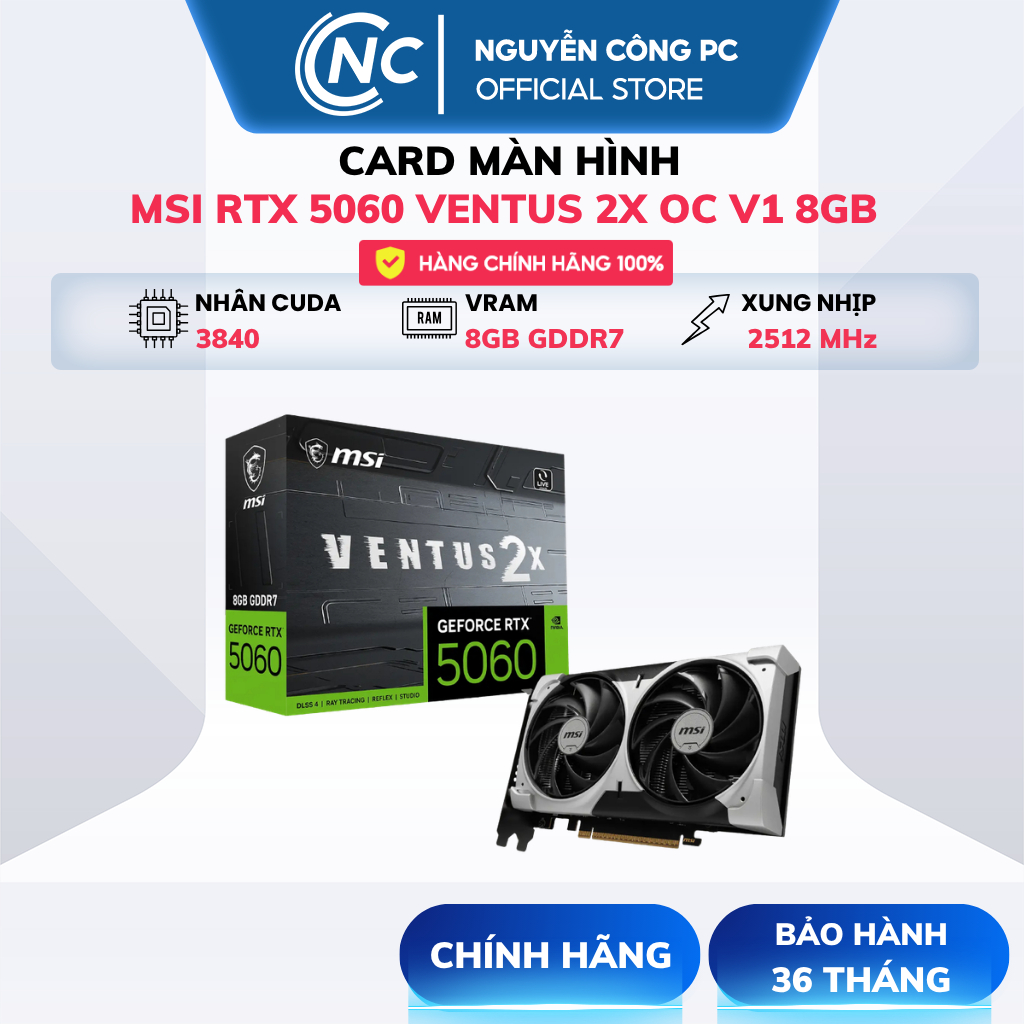 Card màn hình MSI GeForce RTX 5060 Ventus 2X OC V1 8GB - NEW - BH 36 Tháng