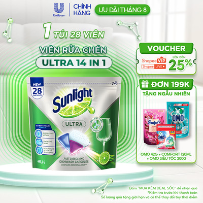 Túi Viên Rửa Chén Bát Sunlight 14 in 1 Dành Cho Máy Rửa Chén (28 Viên/Túi)