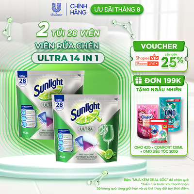 Sunlight Viên Rửa Chén Bát 14 In 1 Dành Cho Máy Rửa Chén - Combo 2 Túi (28 Viên/Túi)