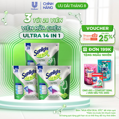 Combo 3 Túi Viên Rửa Chén Bát Sunlight 14 in 1 Dành Cho Máy Rửa Chén (28 Viên/Túi)