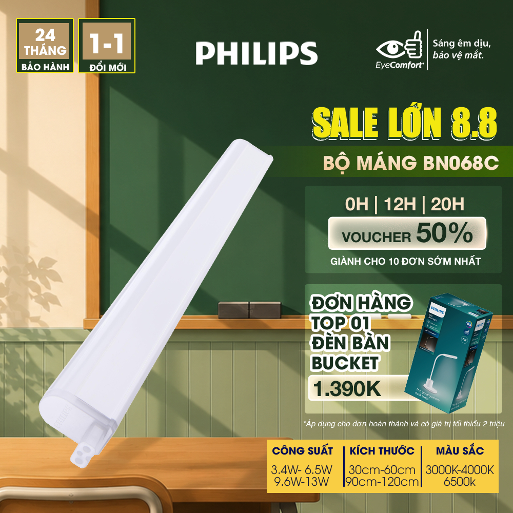 Bộ máng đèn LED PHILIPS tuýp LED BN068C (01 đèn) - Ánh sáng vàng, trung tính, trắng
